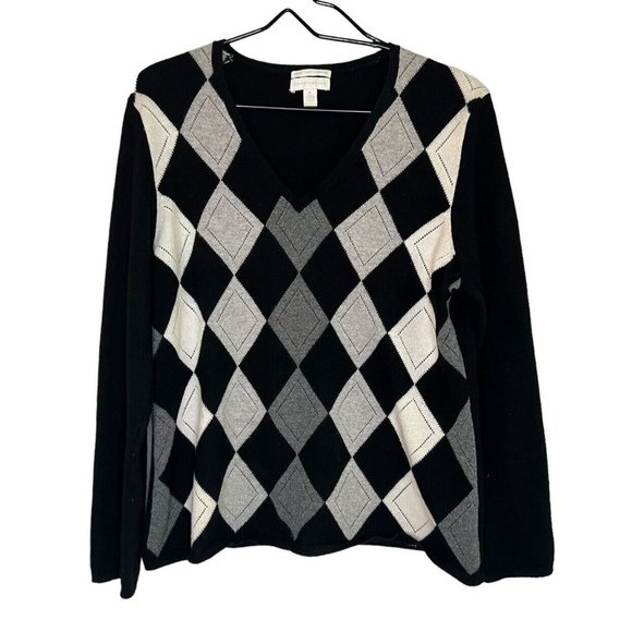 Charter Club Sweaters - Charter Club Sweater Womens XL Black White 2 Ply 100% Cashmere Argyle Fits M/L